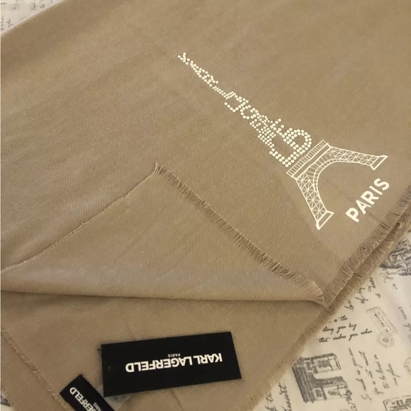 Karl Lagerfeld Paris Camel Rectangular Scarf Studded Logo & Eiffel Tower OS NWT - Picture 4 of 12